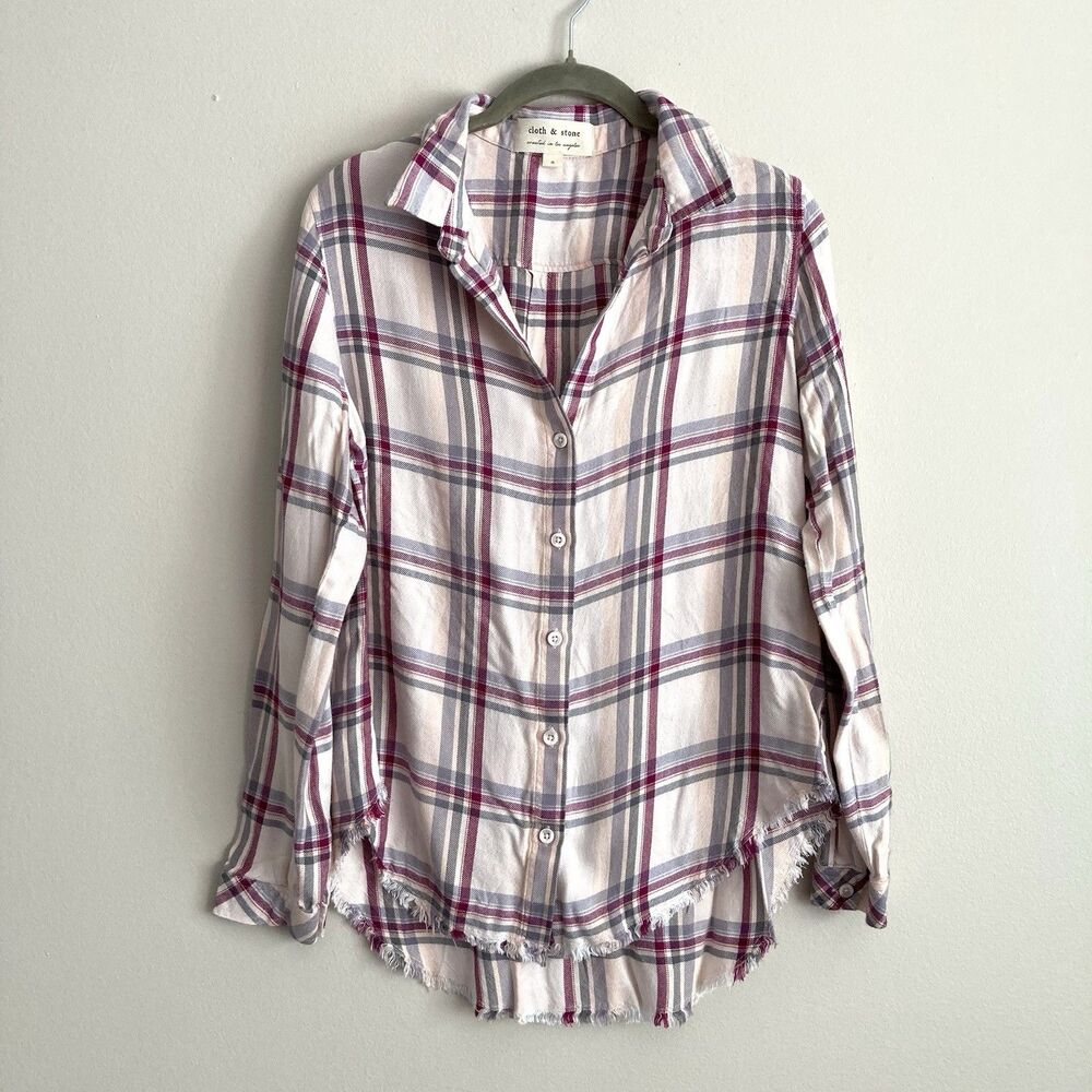 Anthropologie Cloth & Stone Plaid Button Front Hi Lo Fray Hem Shirt Top Size S